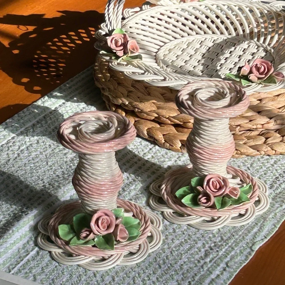 Whimsical Candlesticks Pair of 2 Rose Adorned Cream Pink 1991 Belleek Bev Sparks